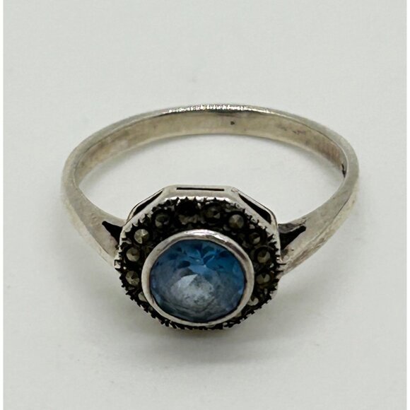 Vintage Sterling Silver Ring Blue Stone Marcasite Art Deco Revival1980s Size 7 - Picture 3 of 12
